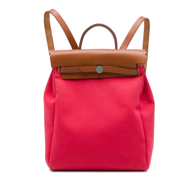 Red Hermès Toile Herbag A Dos Zip Retourne Backpack in Red Canvas from Designer Revival