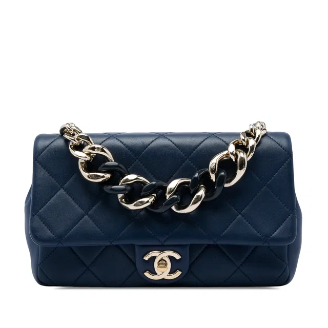 Blue Chanel Small Lambskin Elegant Chain Single Flap Satchel in Blue Lambskin from Designer Revival