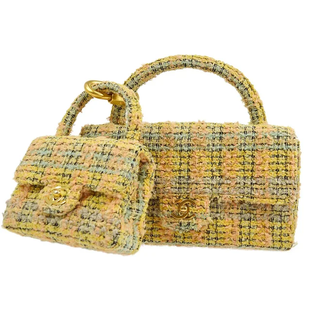 Chanel 1991-1994 Top Handle Bag Set Yellow Tweed in Yellow Tweed from AMORE Vintage Tokyo