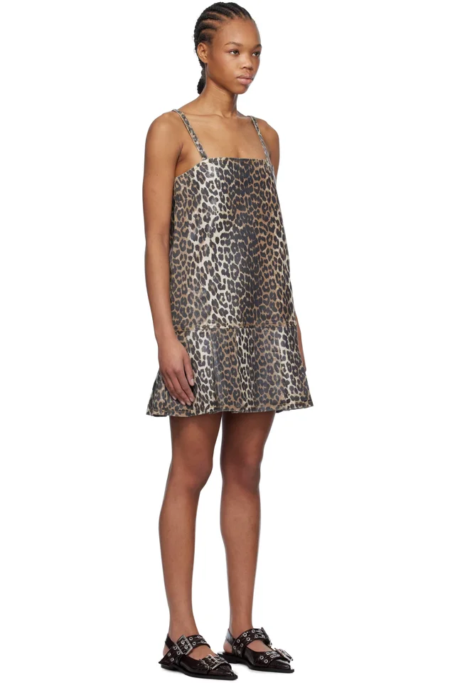 GANNI Brown Leopard Foil Print Denim Strap Minidress, photo 2 of 4 from SSENSE