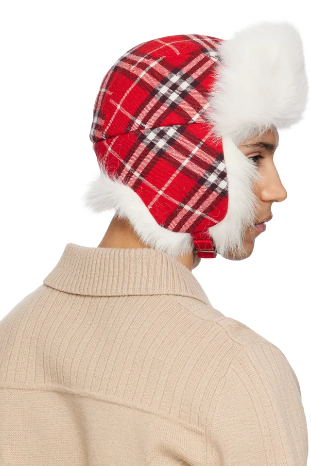 Burberry Red & Off-White Check Wool Trapper Hat, photo 3 of 3 from SSENSE