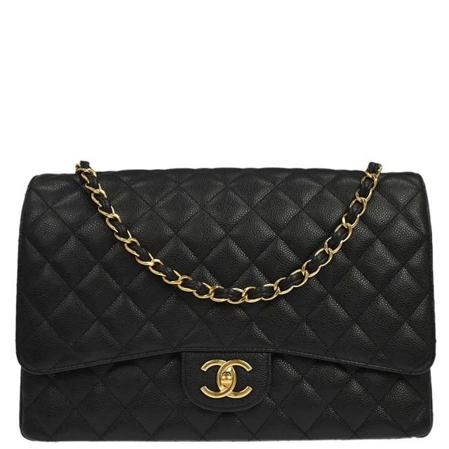 Chanel Black Caviar Skin Maxi Classic Double Flap Shoulder Bag in Black Caviar leather from AMORE Vintage Tokyo