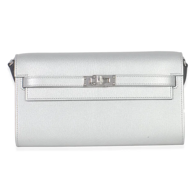 Hermès Argent Metallic Chevre Chamkilight Kelly Wallet To Go PHW in Silver Goatskin from myGemma