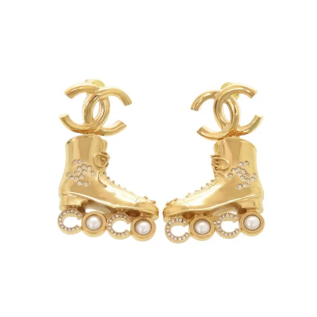 Chanel CC Logo Roller Skate Metal Rhinestone Faux Pearl Gold Earrings in Gold from The Reluxe