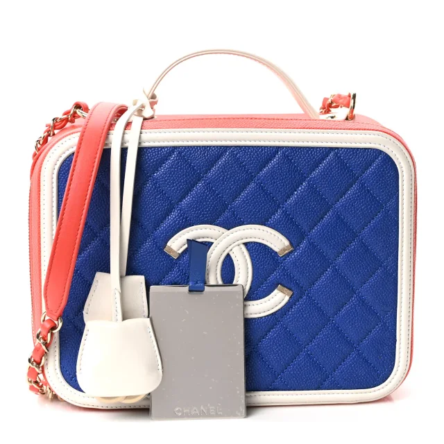 Chanel Caviar Quilted Large CC Filigree Vanity Case Blue White Red in White Caviar leather from FASHIONPHILE, photo 3 of 11