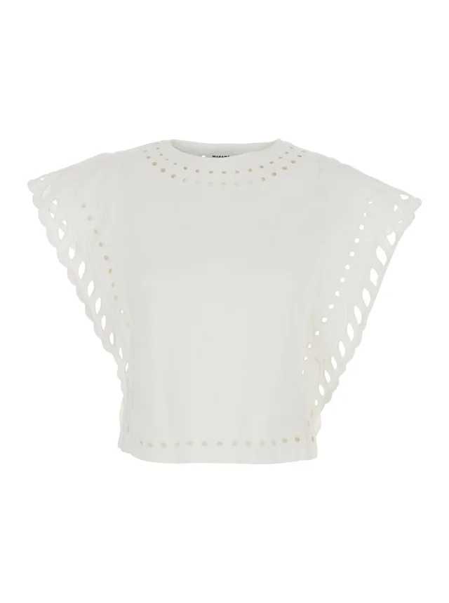 Odyle' White Crew Neck Top with Cut-Out Details in Cotton for Women in White, image 1 of 1 from Gaudenzi Boutique