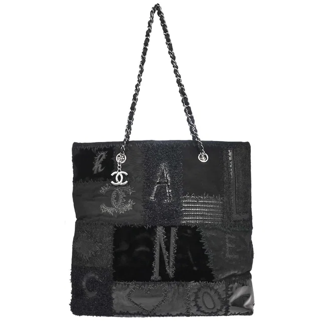 Chanel 2018 Black Tweed Patchwork Chain Tote Bag in Black Tweed from AMORE Vintage Tokyo