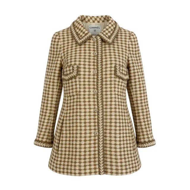 Chanel 00A Houndstooth Dot Pattern Button Tweed Coat Vintage Polka Dot Beige in Beige Tweed from The Reluxe