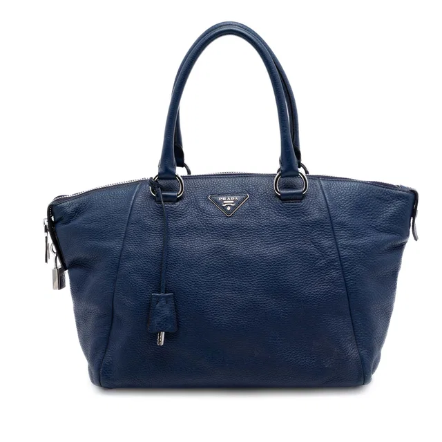 Blue Prada Vitello Daino Double Handle Satchel in Blue Leather from Designer Revival