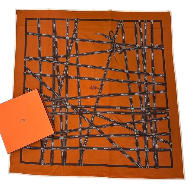 Hermès Scarf Carre 90 Silk Bolduc Ribbon Pattern Orange in Orange Silk from The Reluxe