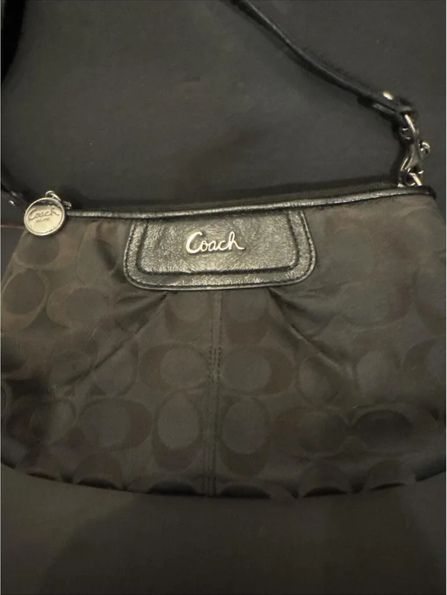 Coach Signature C Black Wristlet Small Purse Zip Top Leather Trim 9.5” W By 5. ” in neutral|brown|silver|gray|black Leather from Poshmark, photo 2 of 3