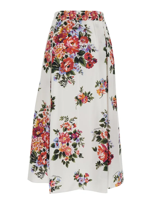 DOLCE E GABBANA White Long Skirt with Floral Print and Elastic Waist in Cotton for Women in White 100% Cotton, photo 4 of 6 from Gaudenzi Boutique