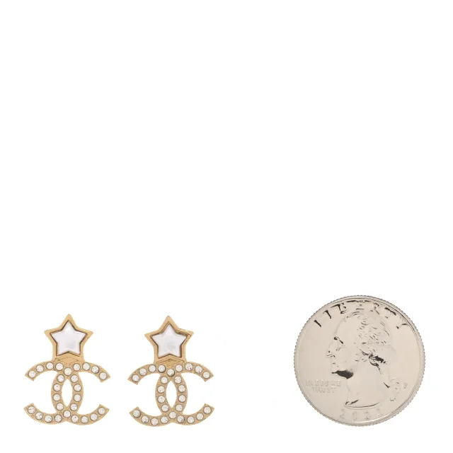 Chanel Metal Crystal Pearl CC Star Earrings Gold Pearly White in White from FASHIONPHILE, photo 2 of 5