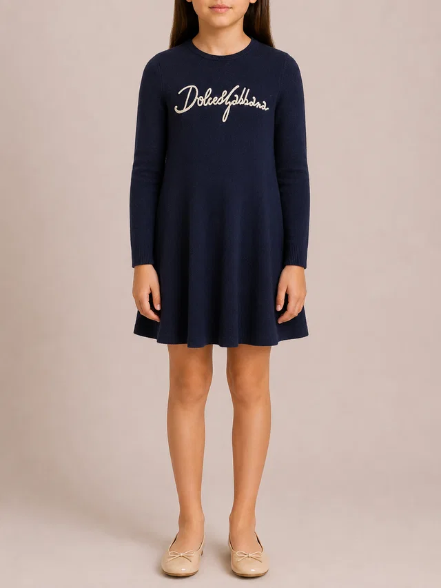 Dolce & Gabbana Kids Navy Knit Long-Sleeve Dress with White Logo Size 10 years in White from Sellier