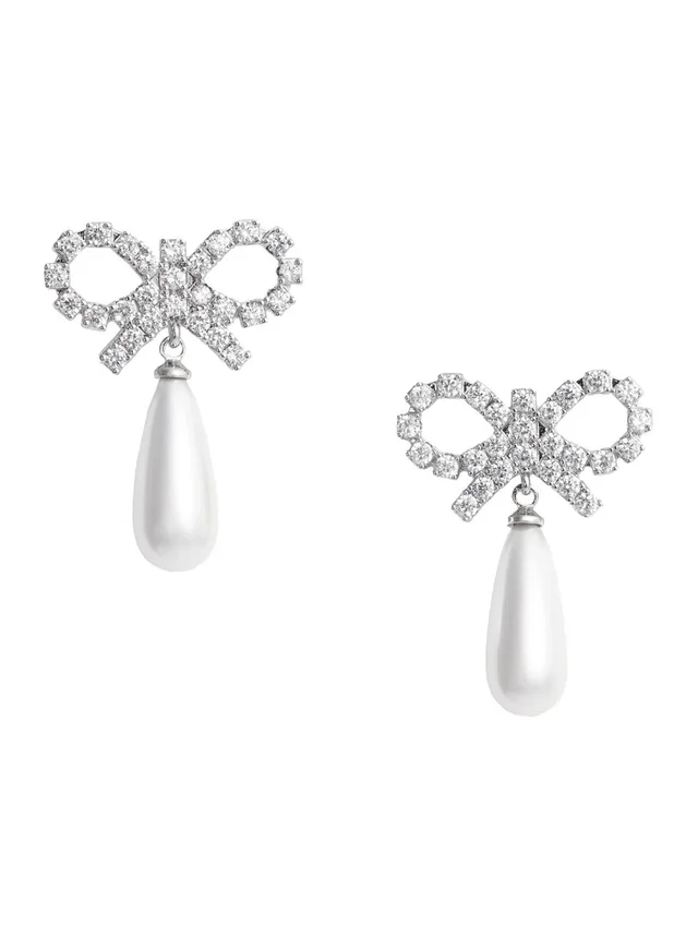 Self-portrait Earrings 'RS26631EPPEARL' with Bow and Pearl Pendant in Silver Color for Women in 100% Copper, photo 2 of 6 from Gaudenzi Boutique