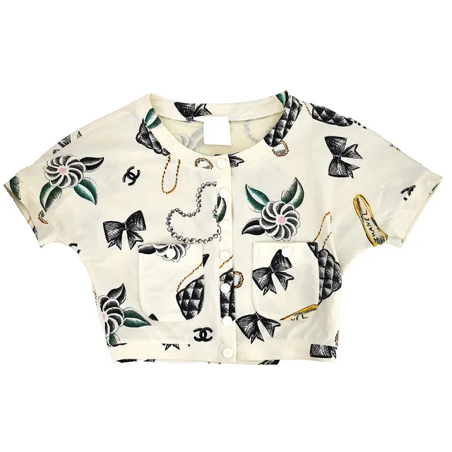 Chanel Icons Print Cropped T-shirt Ivory 96P #38 in White Nylon from AMORE Vintage Tokyo