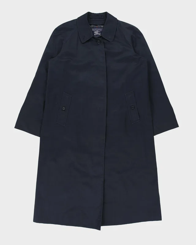 Vintage 1990s Burberry Women's Navy Made In England Nova Check Lined Long Canvas Mac - M in Navy Canvas from Rokit Vintage