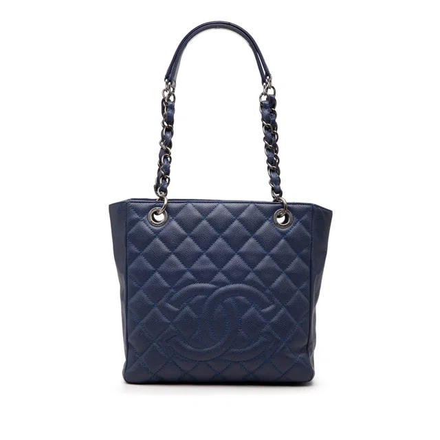 Blue Chanel Caviar Petite Shopping Tote in Blue Caviar leather from Designer Revival