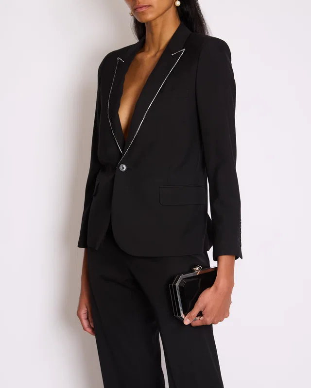 Saint Laurent Black Blazer with Crystal Lapel Trim Detail Size FR 36 (UK 8) in Black Silk from Sellier