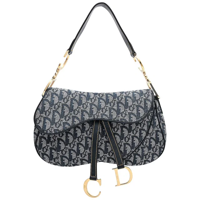 Dior Trotter Pattern Double Saddle Bag, Navy in Navy Canvas from VINTAGE QOO TOKYO