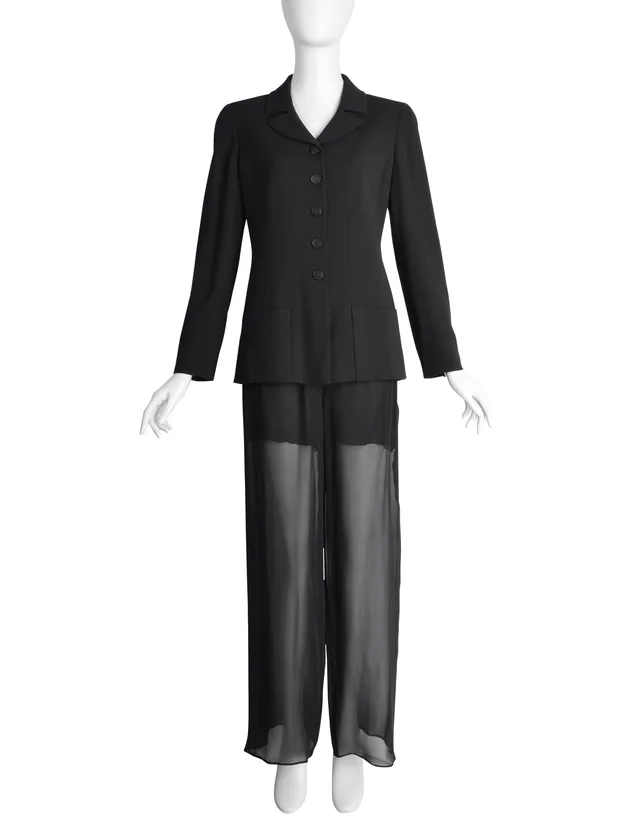 Chanel Vintage Cruise 1998 Black Jacket and Sheer Silk Chiffon Pants Suit in Black Silk from Amarcord Vintage Fashion