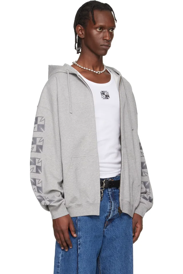 VETEMENTS Gray Biker Cross Sleeves Zip-Up Hoodie, photo 2 of 4 from SSENSE