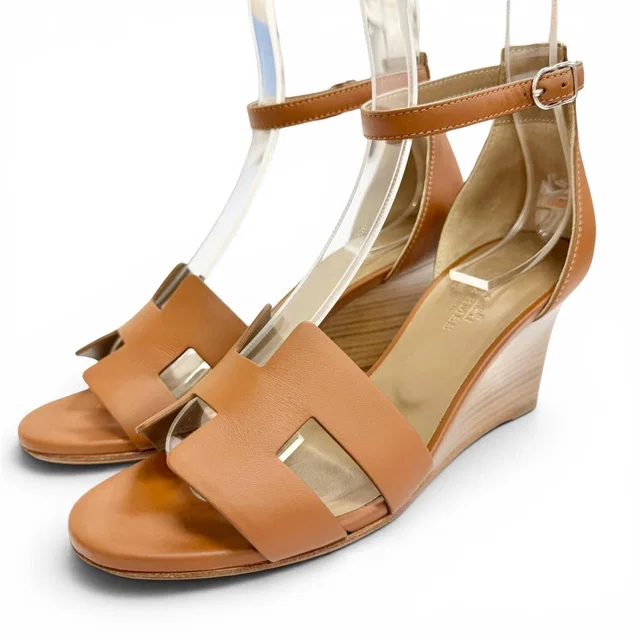 Hermès Legend H Logo Ankle Strap Leather Wedge Sole Sandals Brown in Brown Leather from The Reluxe