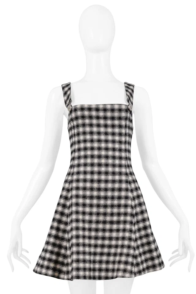 Versace Versus Black & White Check Suspender Dress With Silver Medallions in Black Wool from Resurrection Vintage
