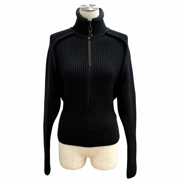 Louis Vuitton Blend Leather Logo Patch Monogram Half Zip Rib Knit Black XS in Black Wool from The Reluxe