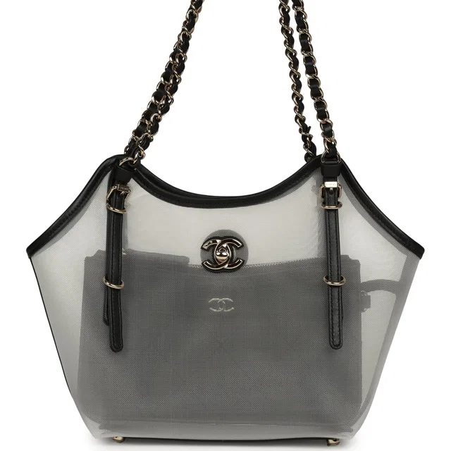 Chanel Small Coco Beach Shopping Bag Transparent Mesh and Black Calfskin Light Gold Hardware in Black Calfskin from Madison Avenue Couture