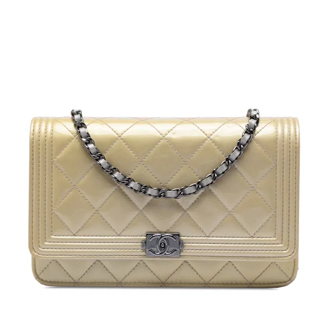 Beige Chanel Quilted Patent Boy Wallet on Chain Crossbody Bag in Beige Patent leather from Designer Revival