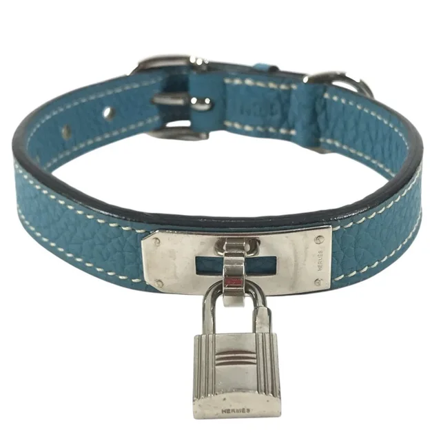 Hermès Kelly Pet Collar for Dogs, Animals, Leather, Men's & Women's, Blue in Blue/Silver Leather from Elady