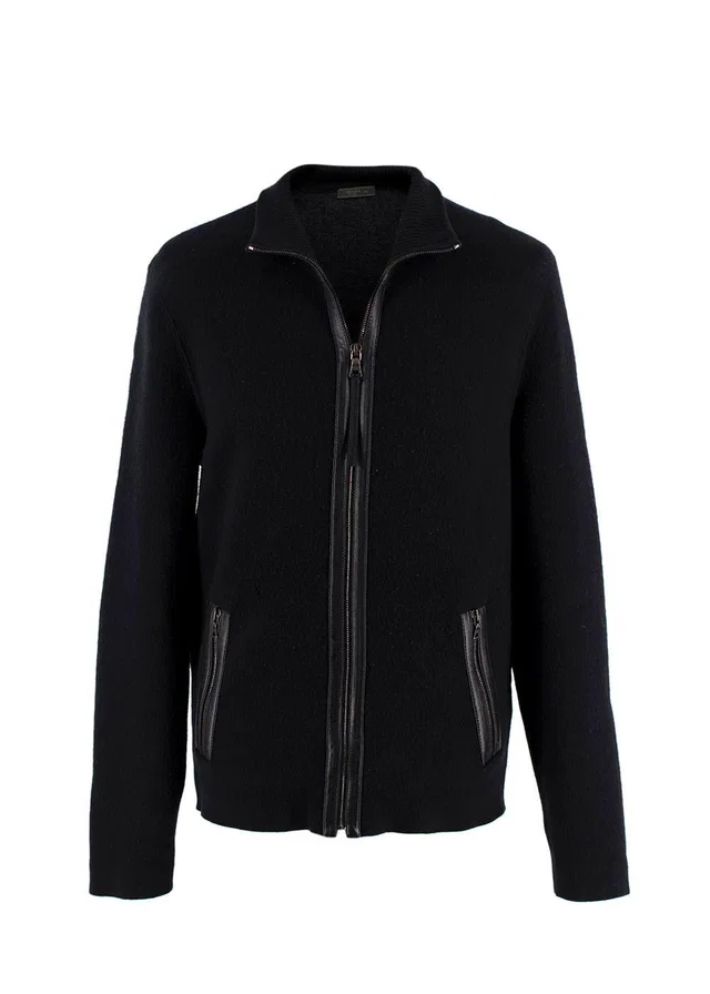 Prada Black Wool and Cashmere Blend Zip Up Jacket in Black Cashmere from HEWI