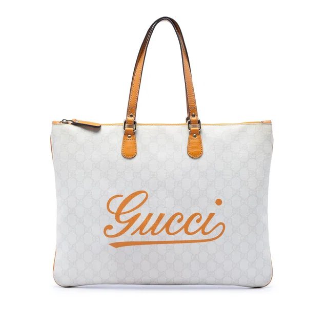 White Gucci Large GG Supreme Heritage Logo Tote in White Coated canvas from Designer Revival
