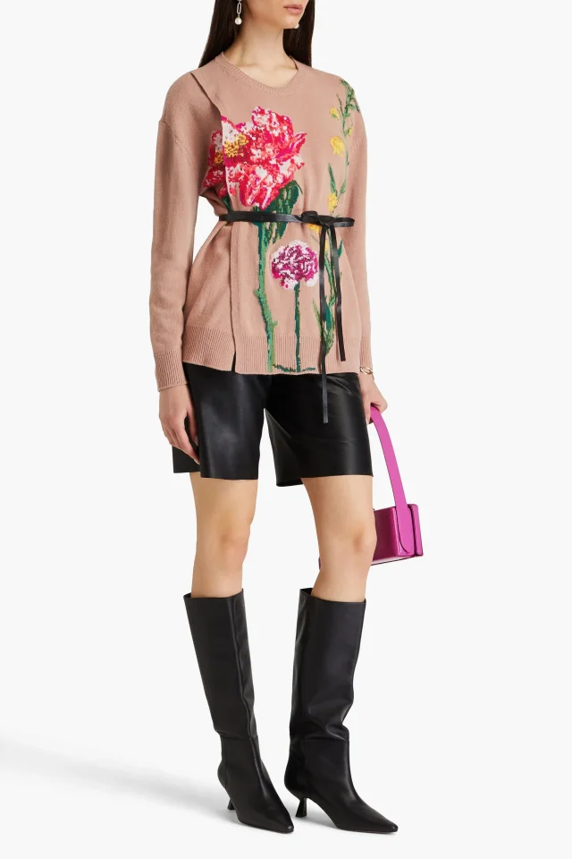 Valentino Garavani Belted Floral Intarsia Wool and Cashmere-Blend Sweater in Pink, photo 2 of 4 from THE OUTNET