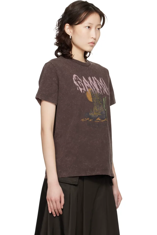GANNI Brown Vintage Wash T-shirt, photo 2 of 4 from SSENSE