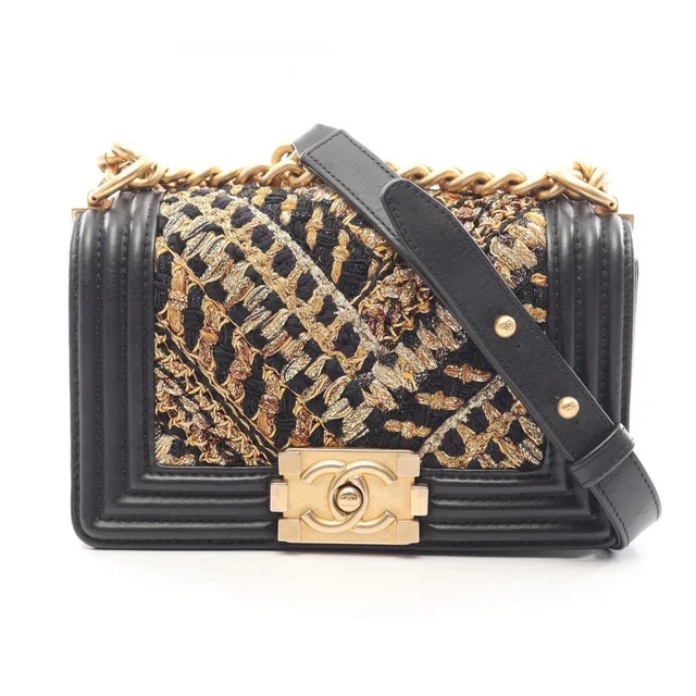 Chanel Shoulder Bag Boy Small Black Gold Lambskin V-stitch Chain in Black Lambskin from The Reluxe