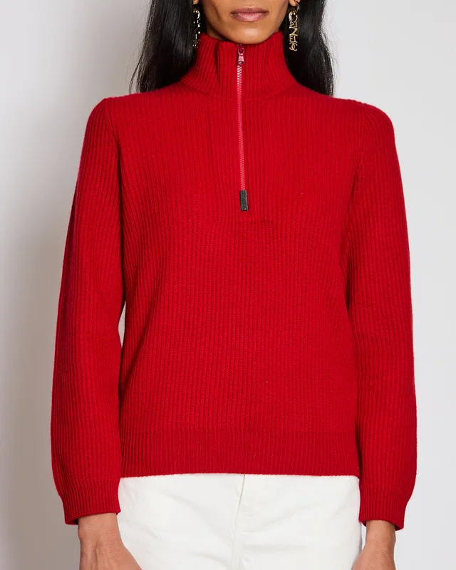 Brunello Cucinelli Red Quarter Zip Ribbed Cashmere Jumper Size S (UK 8) in Red Cashmere from Sellier