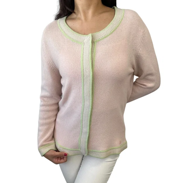 Chanel Vintage 03P Logo Knit Cardigan #42 Sweater Pink Green Cashmere Button in Green Cashmere from Luxury Promise