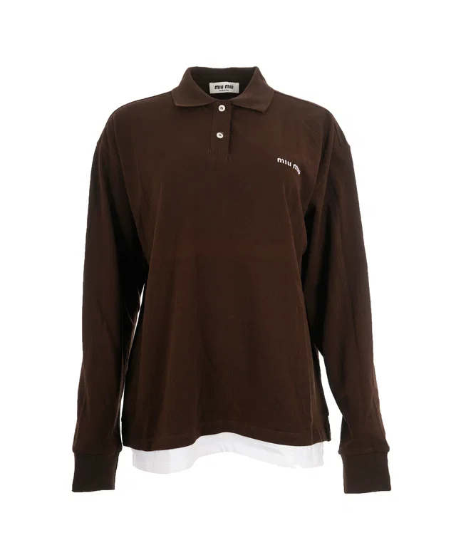 Miu Miu Brown Logo Long Sleeve Polo Jumper in Brown from Luxury Promise