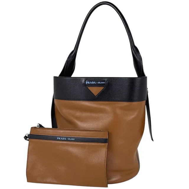 Prada Shoulder Bag Milan Leather Brown Black in Black Leather from The Reluxe