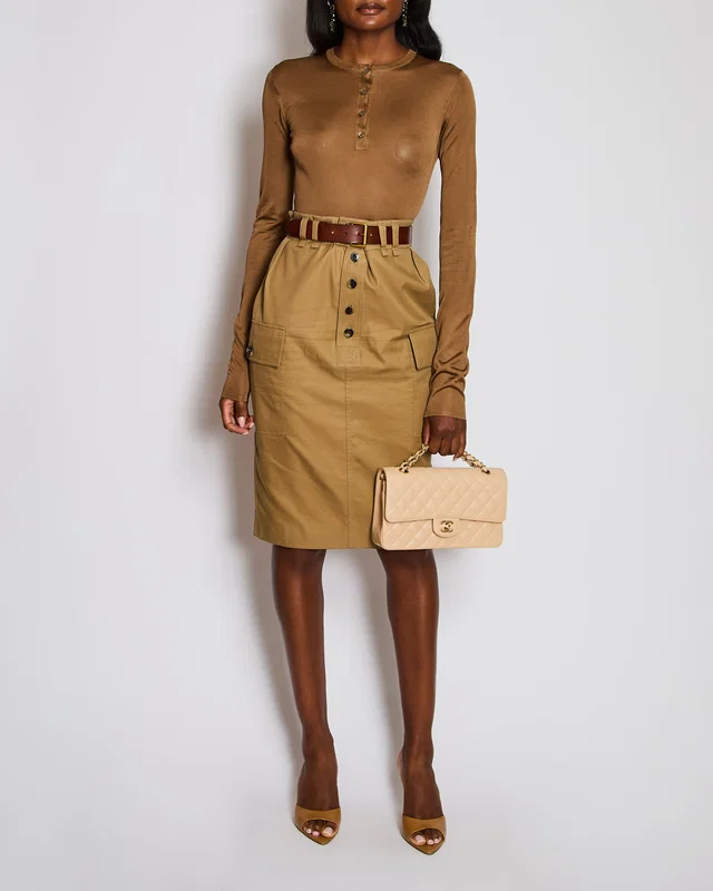 Saint Laurent Brown Belted Button Down Skirt with Pocket Detail Size FR 36 (UK 8) in Brown from Sellier