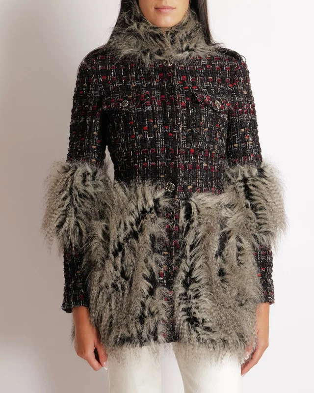 Chanel Fall 2010 Black, Grey and Red Tweed Jacket with Grey Faux Fur Sleeves and Trims and Black and… in Black Tweed from Sellier