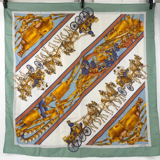 Loewe Carriage Pattern Scarf Silk Green Multicolor Vintage in Green Silk from The Reluxe