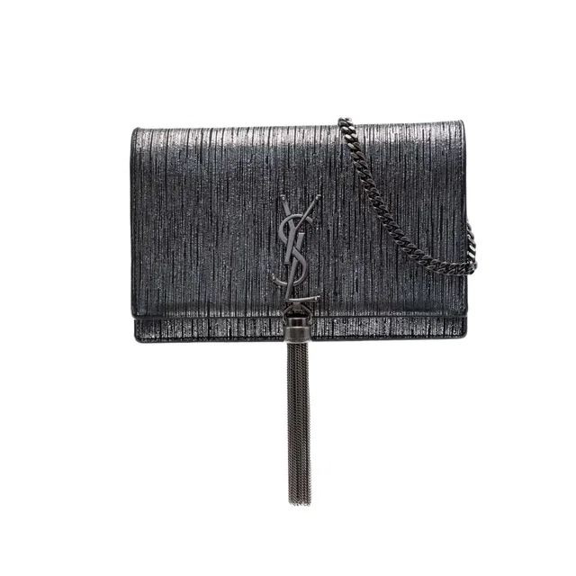 Silver Saint Laurent Metallic Suede Monogram Kate Tassel Wallet on Chain Crossbody Bag in Silver Suede from Designer Revival