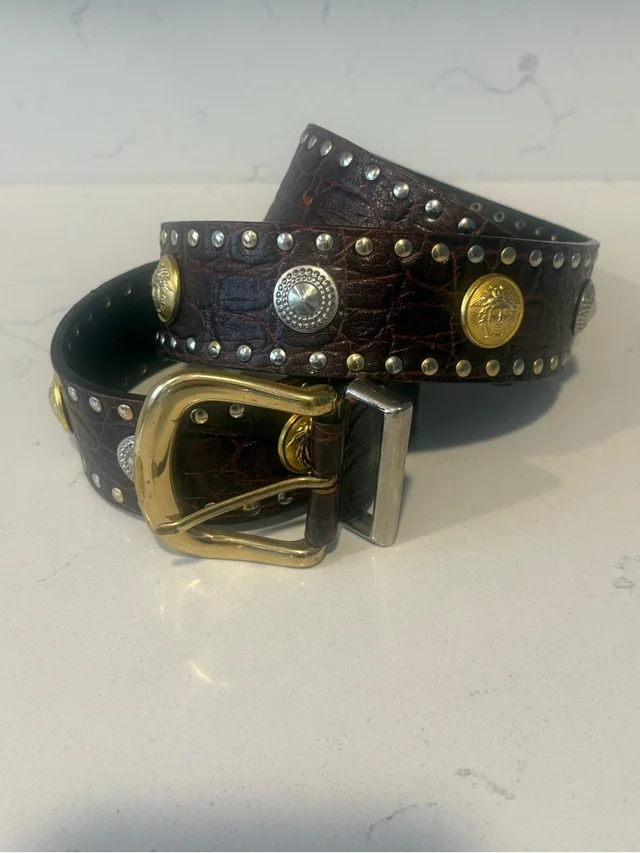 Vintage Gianni Versace Brown Studded Leather Belt With Brass Accents in brown|red Leather from Poshmark