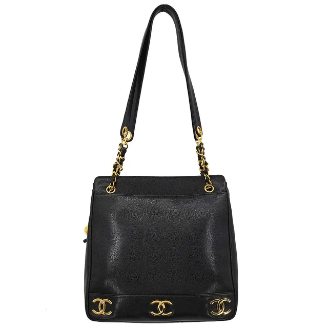 Chanel 1991-1994 Black Caviar Skin Triple CC Shoulder Tote Bag in Black Caviar leather from AMORE Vintage Tokyo