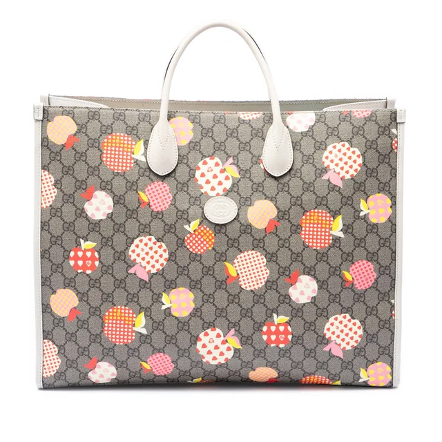 Beige Gucci Large GG Supreme Les Pommes Apple and Heart Interlocking G Tote Satchel in Beige Coated canvas from Designer Revival