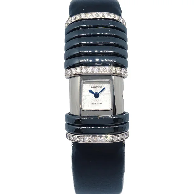 Cartier Ref.2611 Declaration Quartz Watch SS 18KWG Diamond Black in Black Leather from AMORE Vintage Tokyo