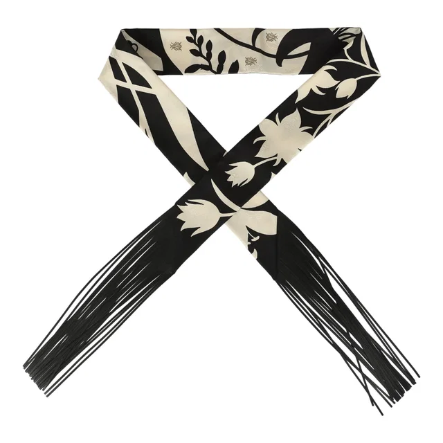 Hermès "Bouquet Final" Cream and Black Fringe Silk Twilly in Black Silk from Madison Avenue Couture